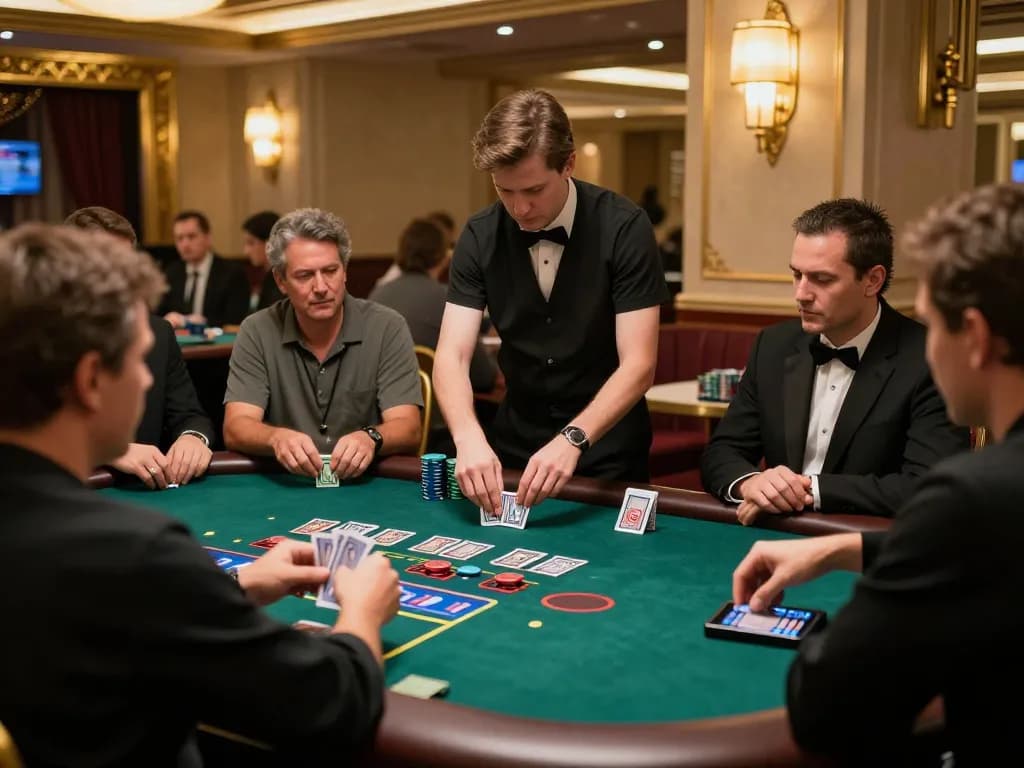 Players enjoying an exciting blackjack game at Thabet casino with a live dealer present
