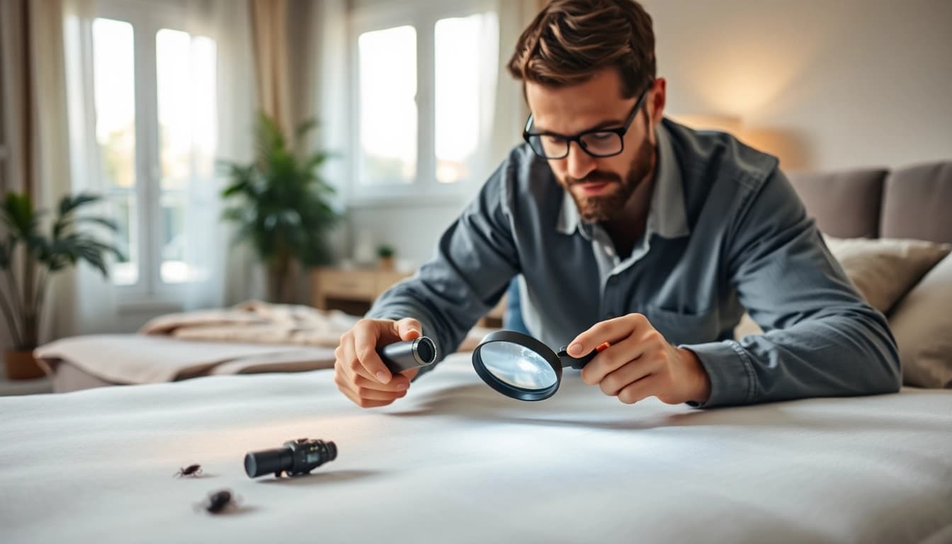 Bedbugs exterminator near me inspecting for bed bugs in a clean, bright room.