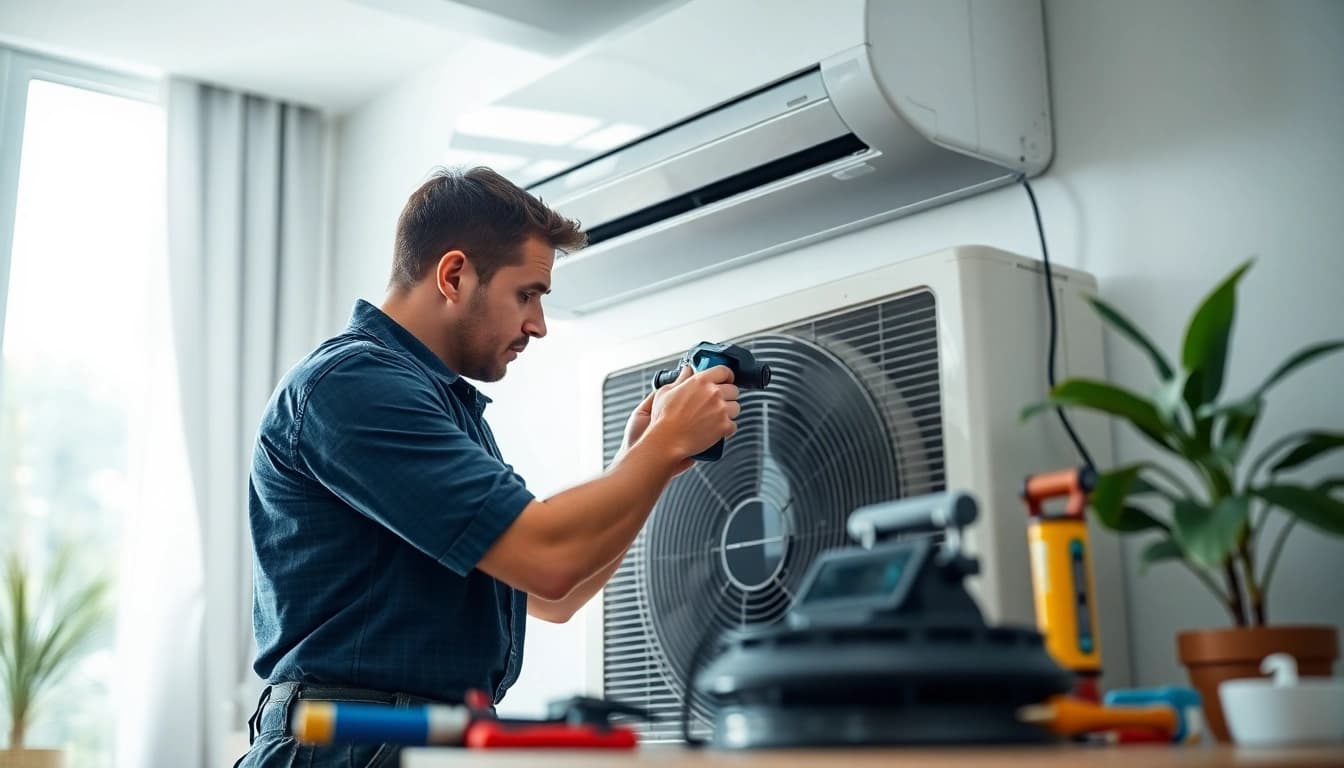 HVAC Repair Tampa service with a technician fixing an air conditioning unit in a bright home.