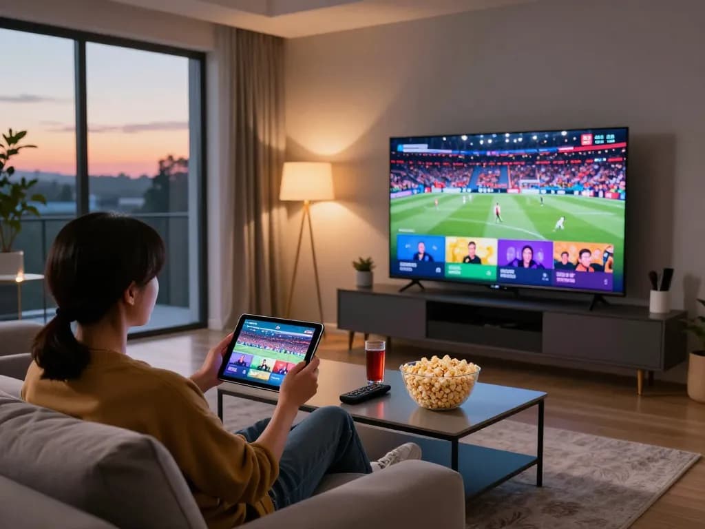 Genieten van IPTV kopen in een gezellige woonkamer met sport en films die streamen.