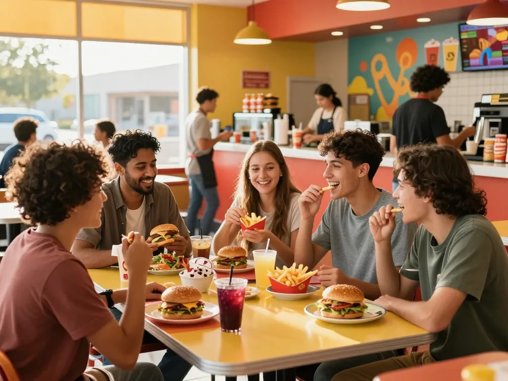 Friends savoring a diverse fast food menu in a busy restaurant