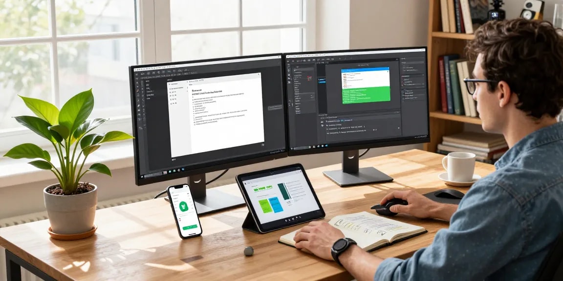 Efficient workspace using 截图工具下载 on dual monitors, showcasing Snipaste's features in a vibrant home office.