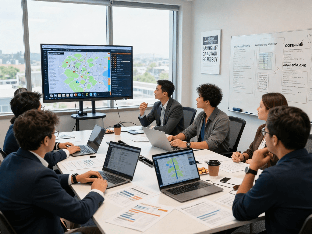 Engaged team performing candidate self research in a modern office during a strategy session.