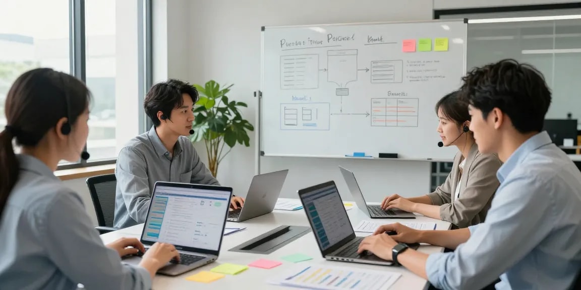 Small business IT support services meeting with professionals discussing strategies in a modern office.