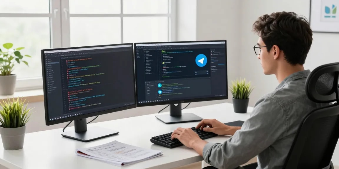 Seamless interaction with 纸飞机中文版官网 in a vibrant tech workspace, showcasing a developer at work.