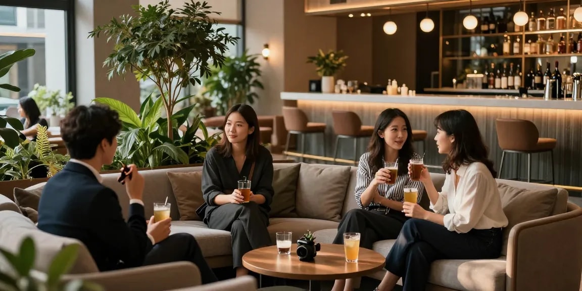 강남 멀리건에서 편안하게 대화하는 사람들과 세련된 인테리어.