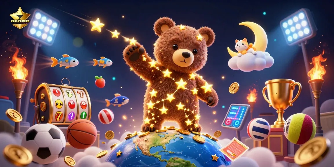 Plongez dans l'univers du casino sans vérification avec un ours constellation en étoiles dorées et des éléments de jeu captivants.