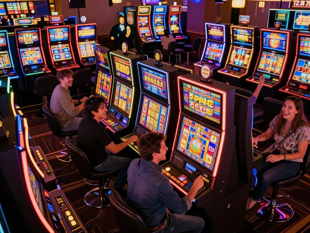 Players celebrate wins at slot machines, showcasing excitement and vibrant casino atmosphere.