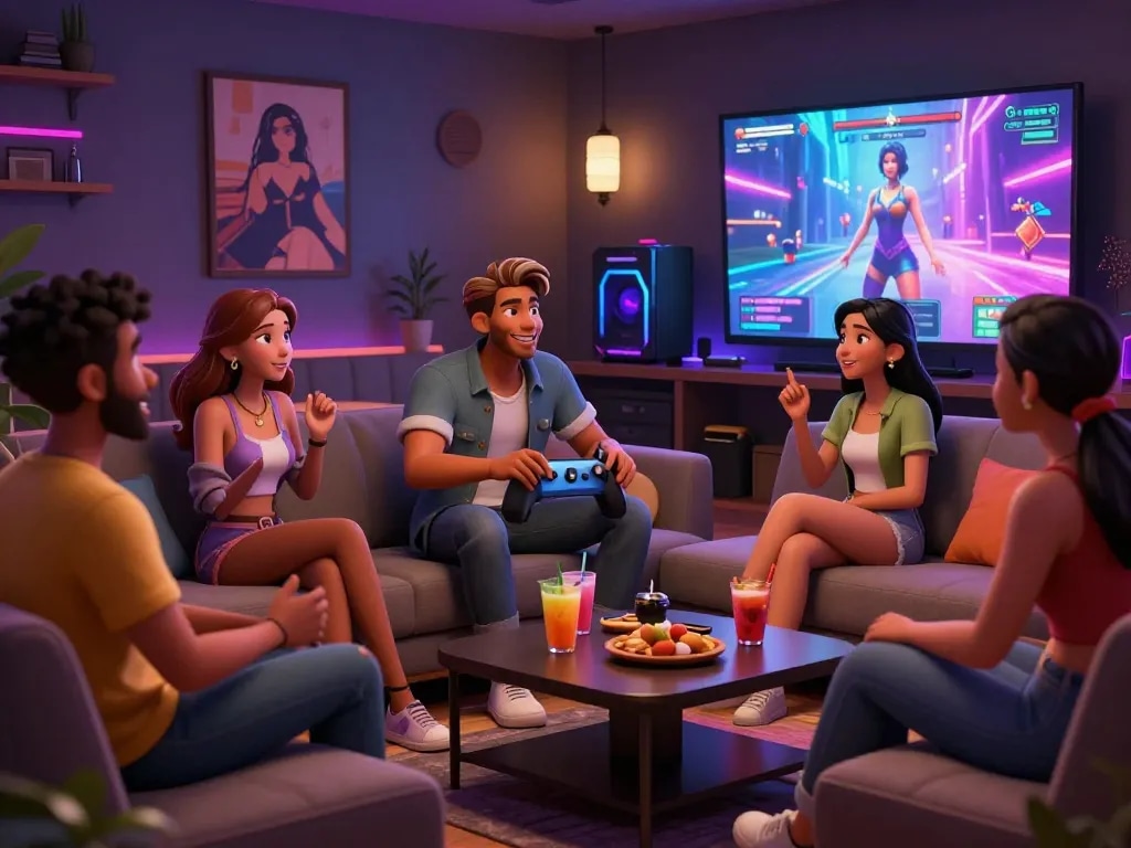 Engaging scene from a sex simulator game with animated characters in a cozy lounge, showcasing playful interaction and adult gaming elements.