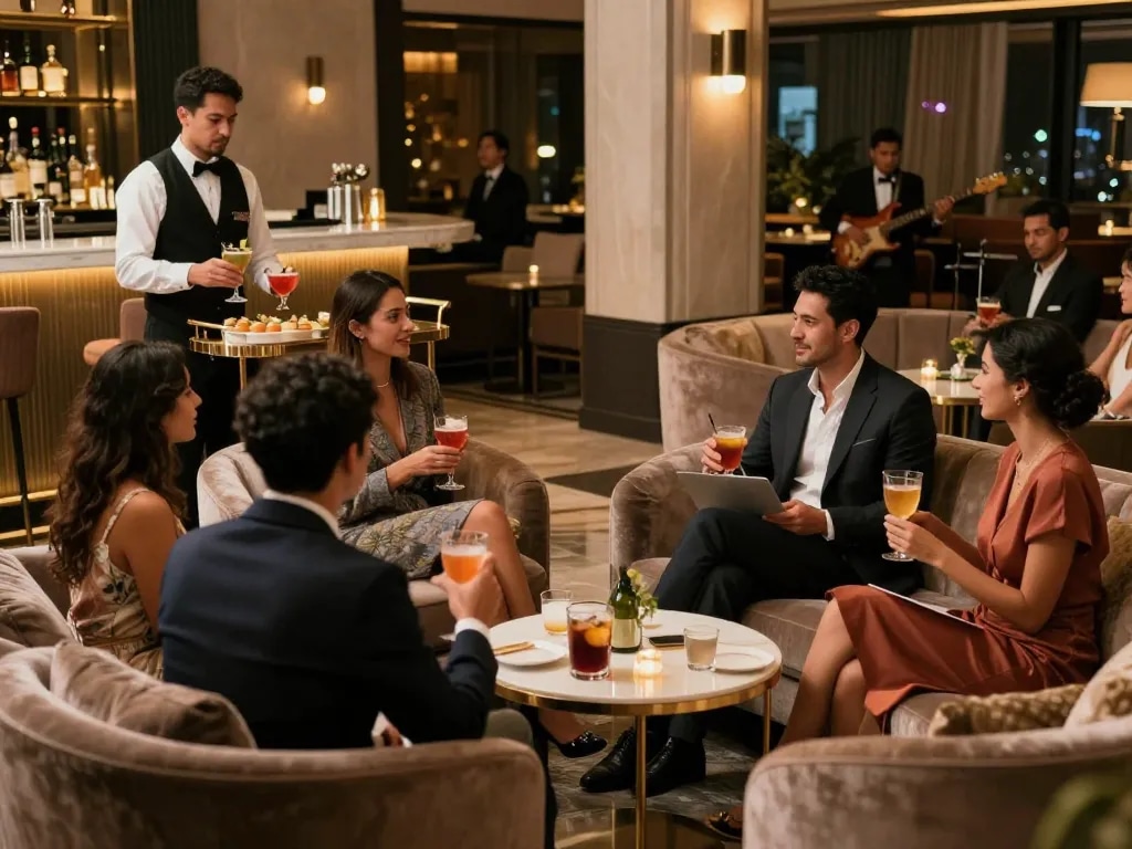강남쩜오 elegant lounge atmosphere with friends enjoying premium services and entertainment