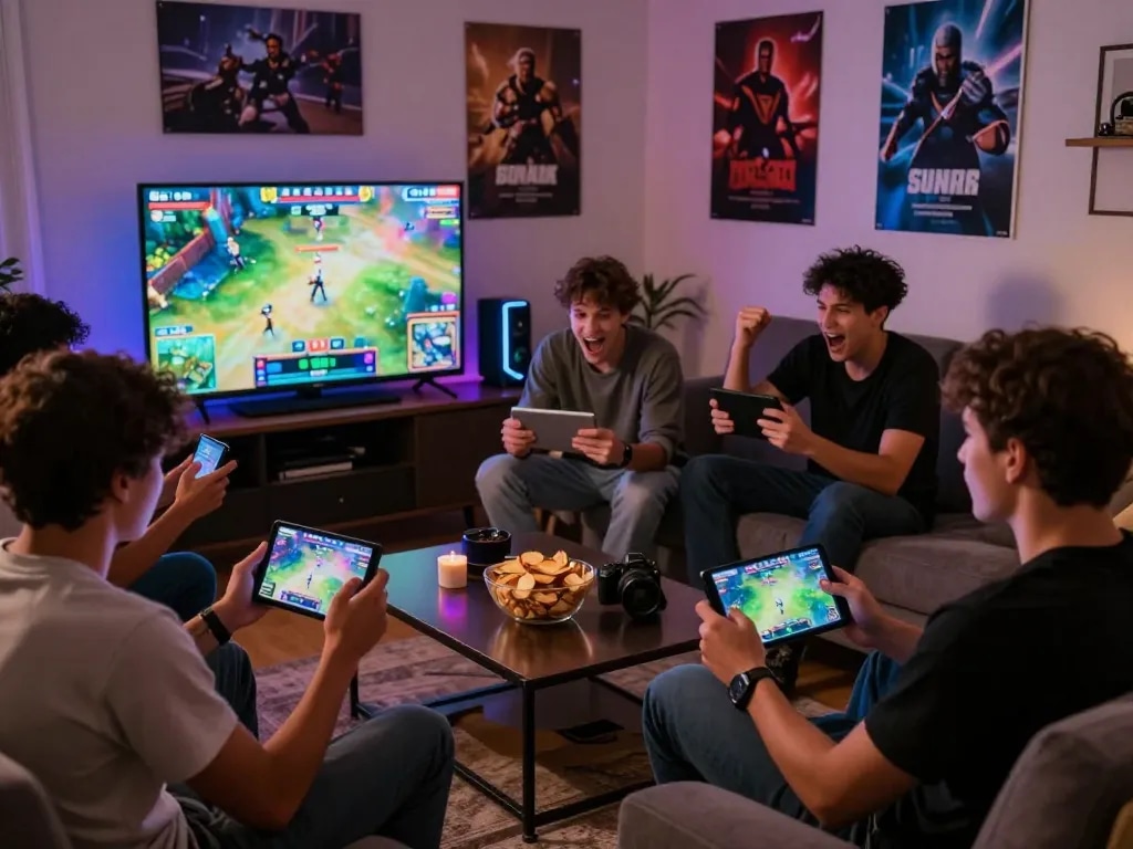 Friends enjoying mobile games with vibrant graphics in a cozy living room atmosphere featuring autowin88.