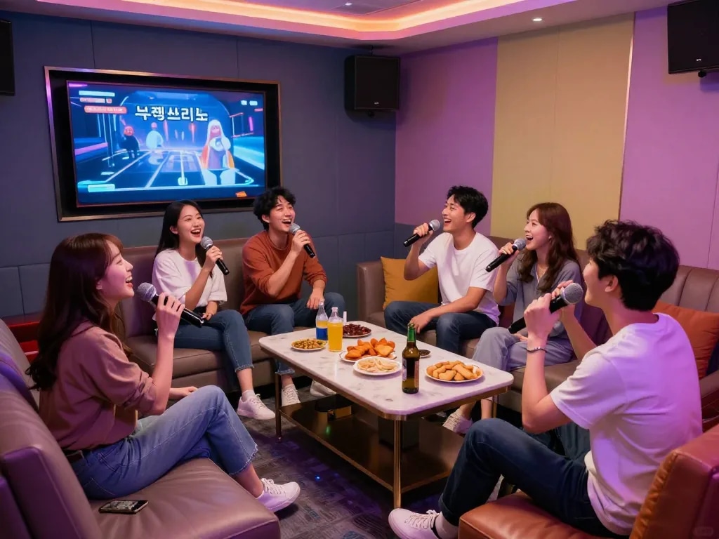 다채로운 장식과 간식이 있는 활기찬 부평쓰리노 개인실에서 노래를 즐기는 친구들.