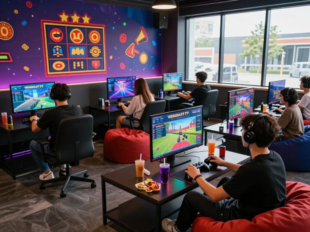 Diverse group enjoying VEGASSLOT77 online gaming in a vibrant lounge, showcasing excitement and camaraderie.