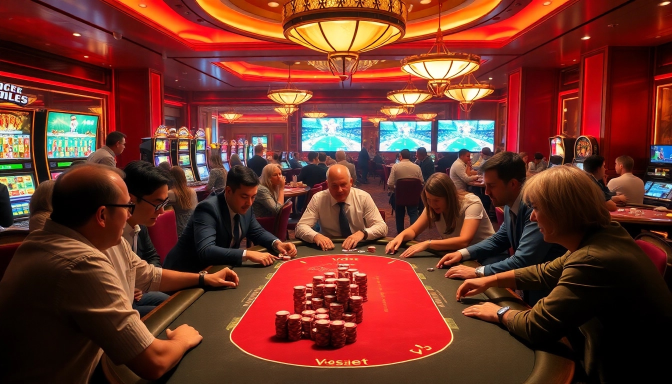 Experience thrill at the Vaoluoi tv poker table in a luxurious casino ambiance with vibrant slots and roulette.
