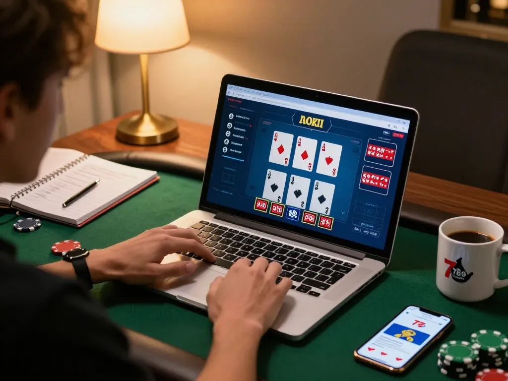 Engaging poker gameplay on 789club casino app with player using modern laptop in cozy setting.