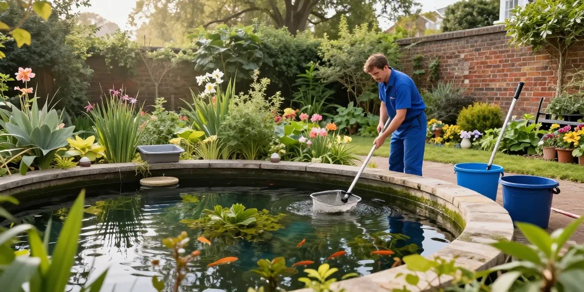 Pond Clean London with professional technician cleaning a vibrant garden pond in serene atmosphere.