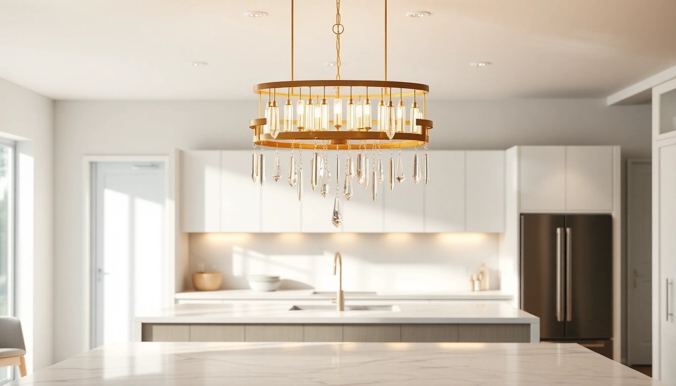 Enhance your dining area with this exquisite island chandelier that features crystal drops and brass accents.