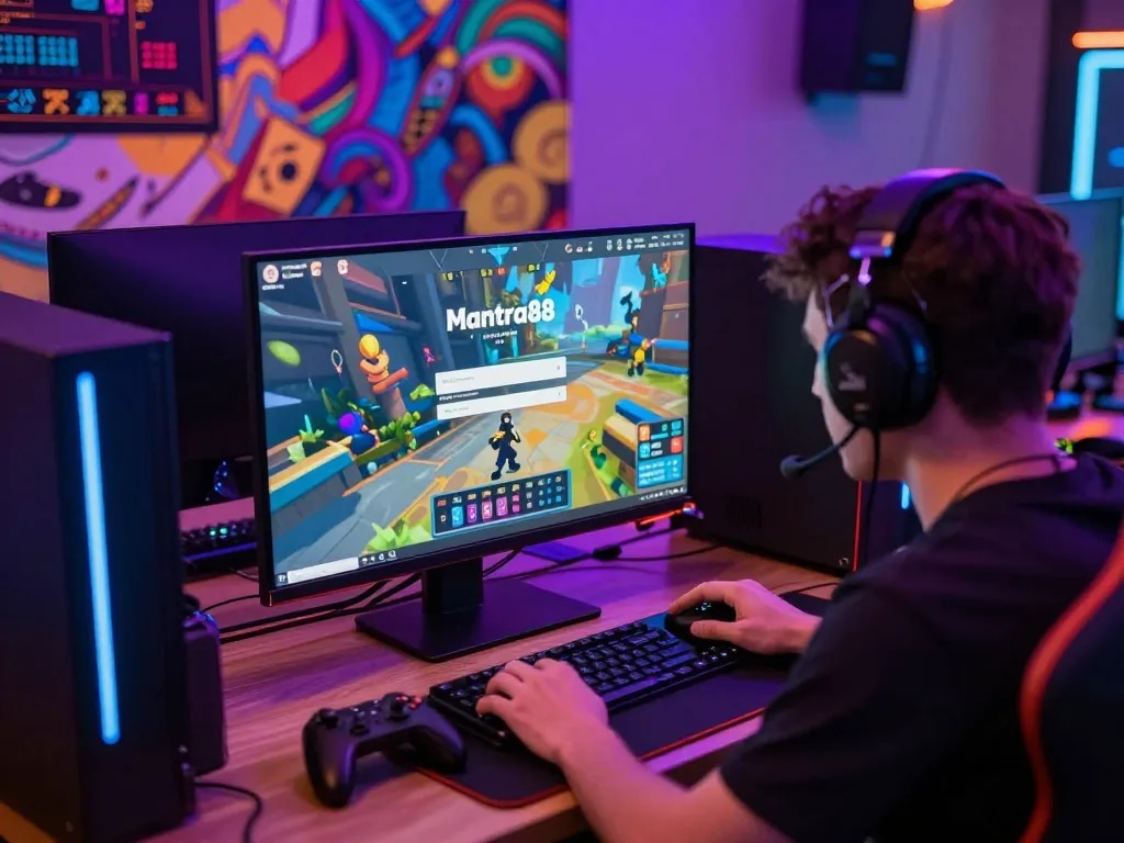 Gamer focused on mantra88 login page in vibrant gaming setup with neon lights.