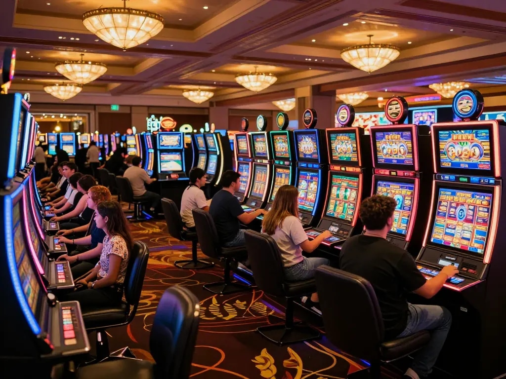 Players enjoying dynamic slot gameplay at a lively casino, showcasing excitement as reels spin