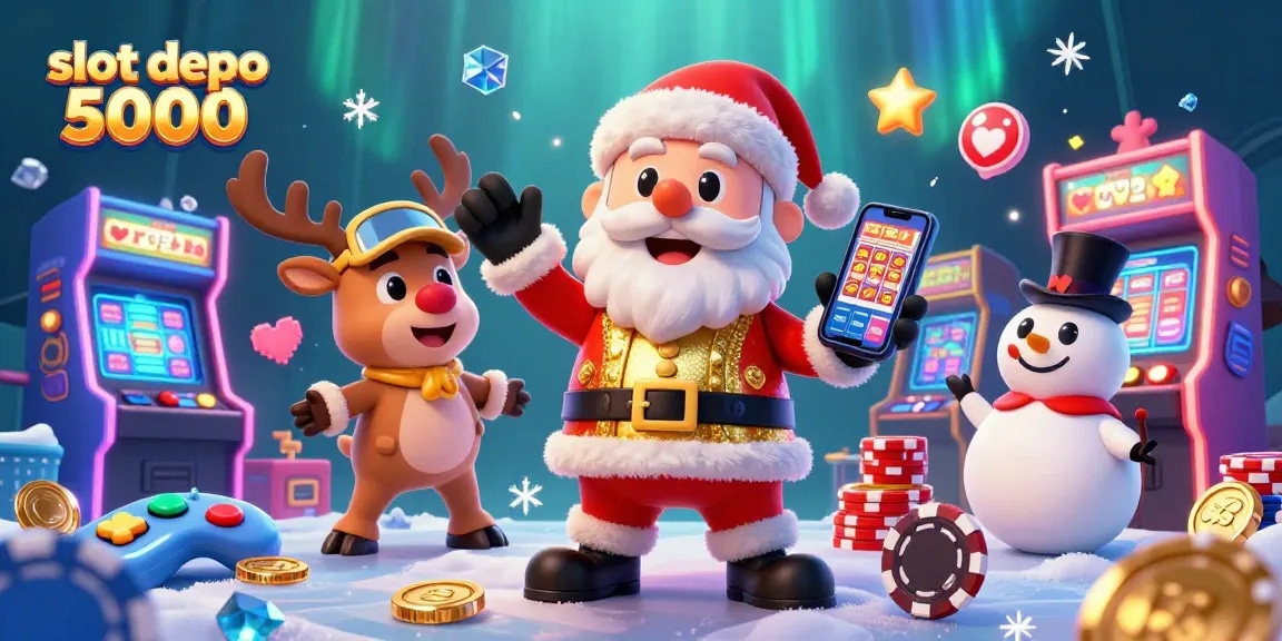 Spin jackpots at slot depo 5000 with Santa and friends in a vibrant casino scene.