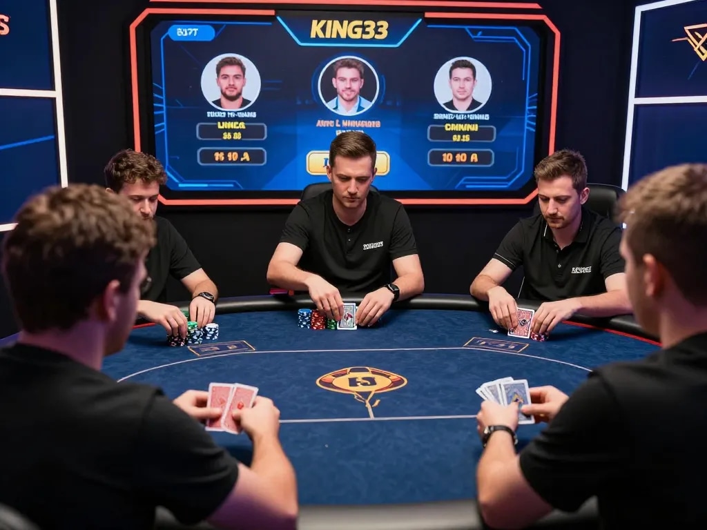 King33 poker game in action, players strategizing and placing bets on digital interface.