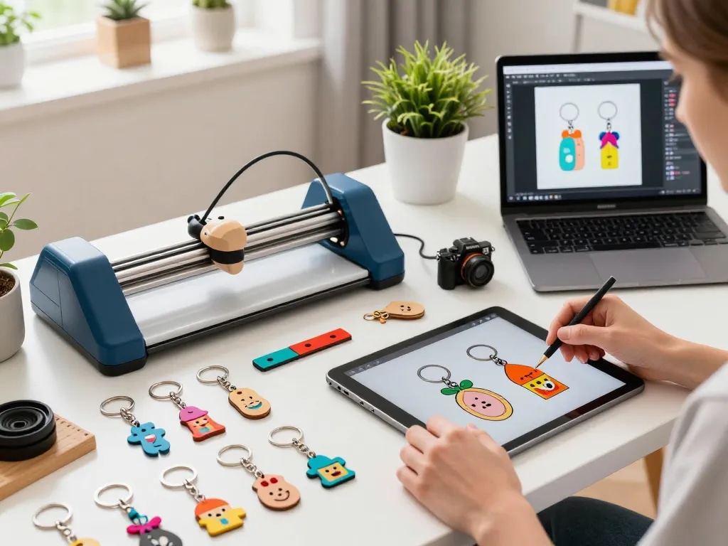 Colorful custom key chains displayed on a table while a designer illustrates creative designs for personalized products.