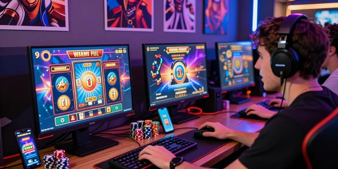 Excited player engaged in an online slot game with colorful graphics.