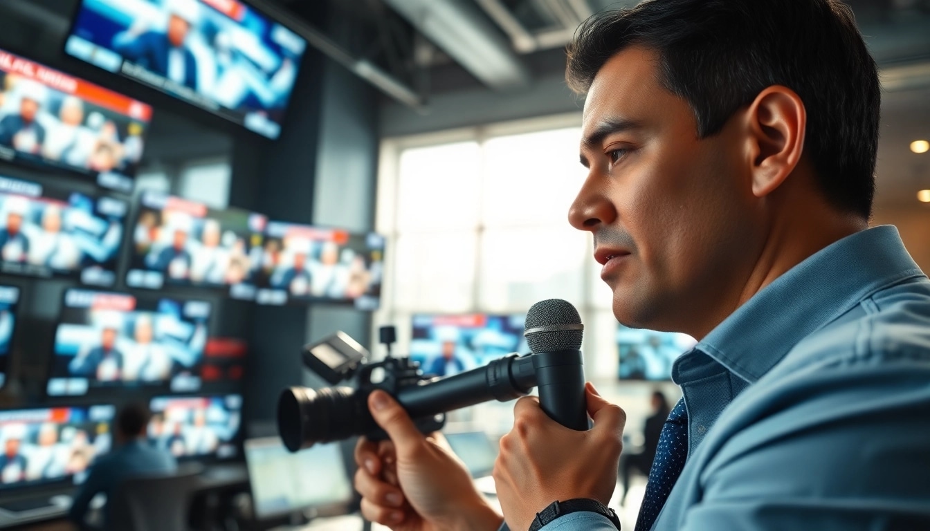 Journalist delivers live news from a modern newsroom with engaging screens.