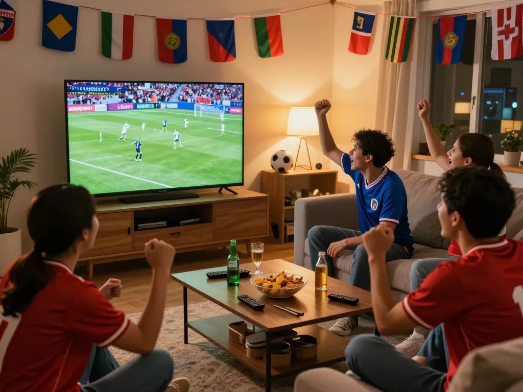 Fans enjoying a thrilling match on LuongSon TV, surrounded by snacks and team spirit.