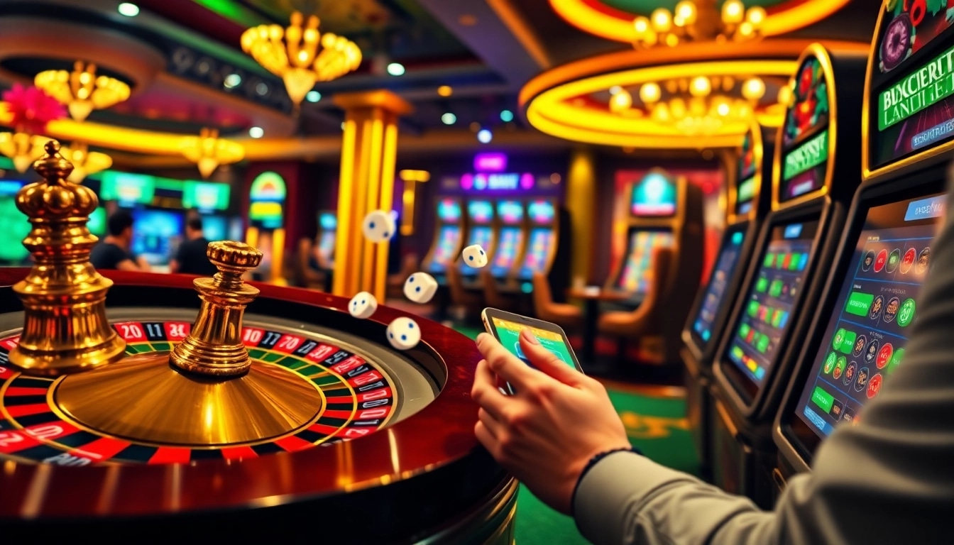 Scènes excitantes de jeux d'argent en ligne mettant en avant le casino en ligne avec des roulettes, des machines à sous et des interfaces de paris vibrantes.
