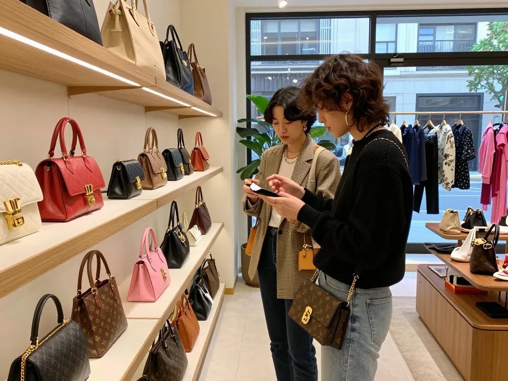 Shopping for high-quality 레플리카 items in a vibrant boutique atmosphere, showcasing stylish fashion.