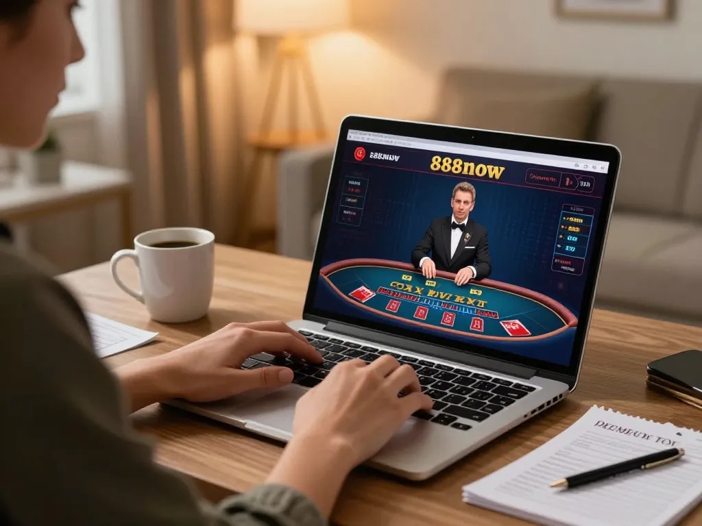 Engaging with a laptop for 888now com while playing blackjack in a cozy home setup.
