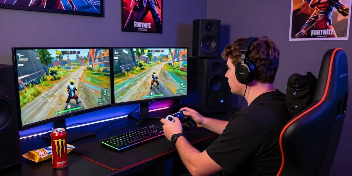 Fortnite Cheats: Gamer immersed in Fortnite action with dual monitors, RGB keyboard, and accessories in a dynamic gaming setup.