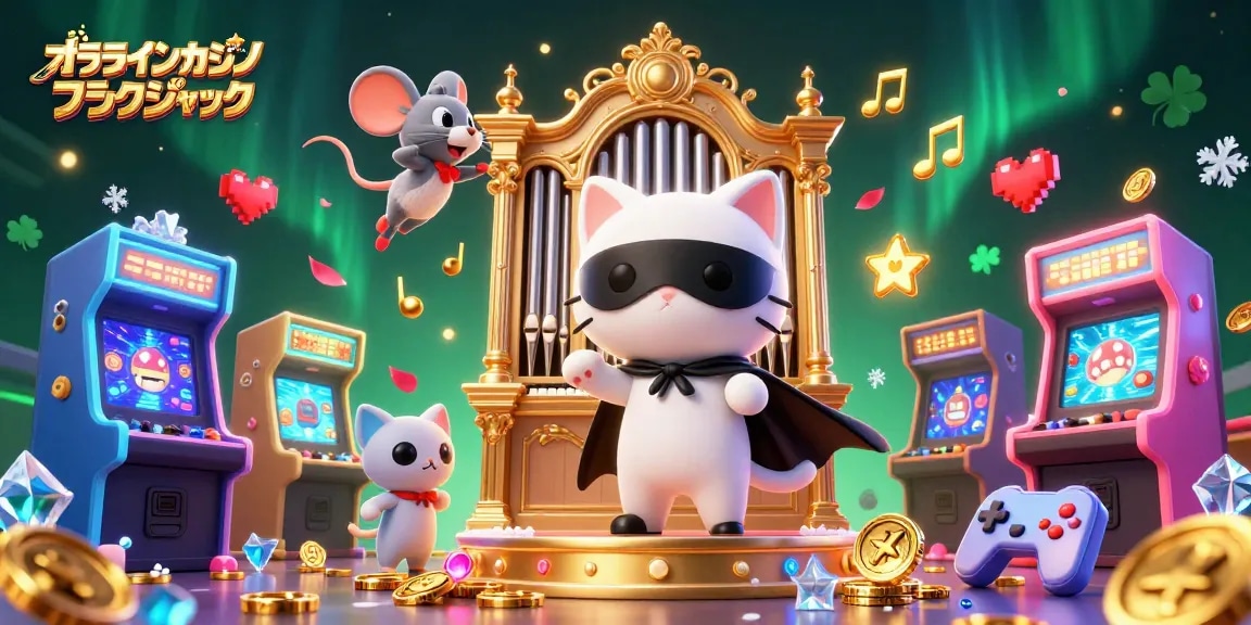 オンラインカジノブラックジャックで勝利を目指すカラフルなキャラクターのイラスト
