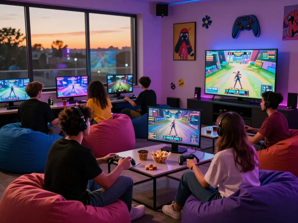 Friends enjoying interactive porn game online in a cozy gaming lounge.