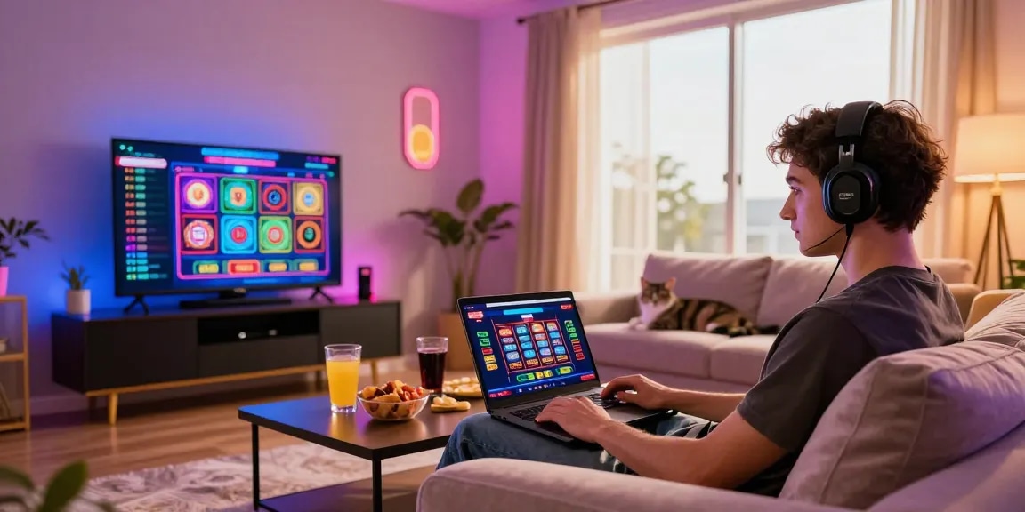 Excited player engaged in credit card casinos playing live dealer games at home.