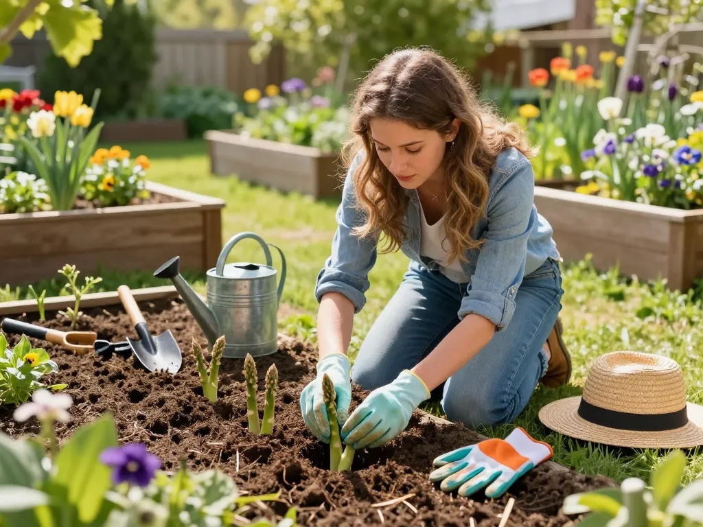 Planting green asparagus seedlings in a vibrant home garden, showcasing the process of groene asperges planten surrounded by blossoming flowers and gardening tools.