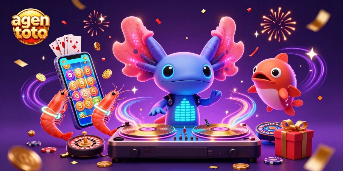 Engage with agen toto through an exciting 3D illustration of a party scene featuring a neon axolotl DJ.