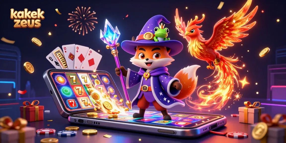 Kakek Zeus wields magic alongside a phoenix in a colorful casino setting, showcasing vibrant slot game elements.