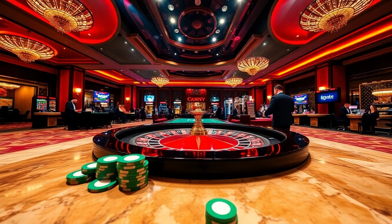 Permainan poker yang mendebarkan di kasino ibet44 dengan suasana ceria dan lampu dramatis.