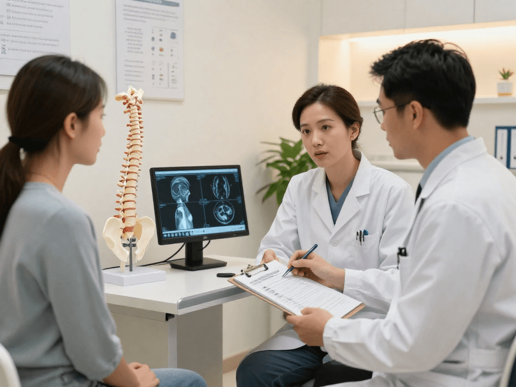 Consultation for Boyun fıtığı ameliyatı in a modern clinic with a surgeon and patient discussing treatment.