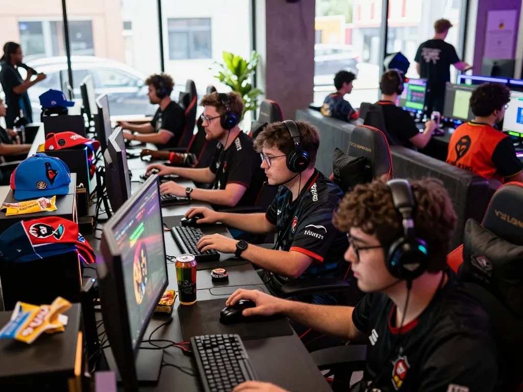 Exciting ligasedayu gaming community tournament scene with players and merchandise.