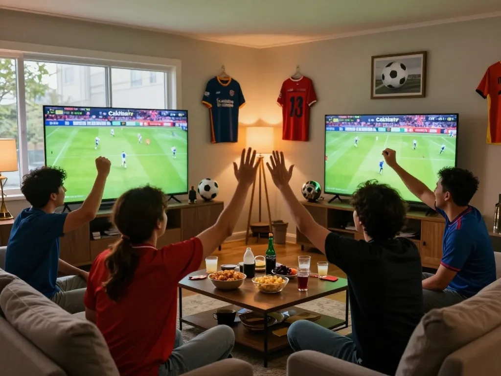 Fans enjoying a live Cakhiatv football match, showcasing excitement and camaraderie.