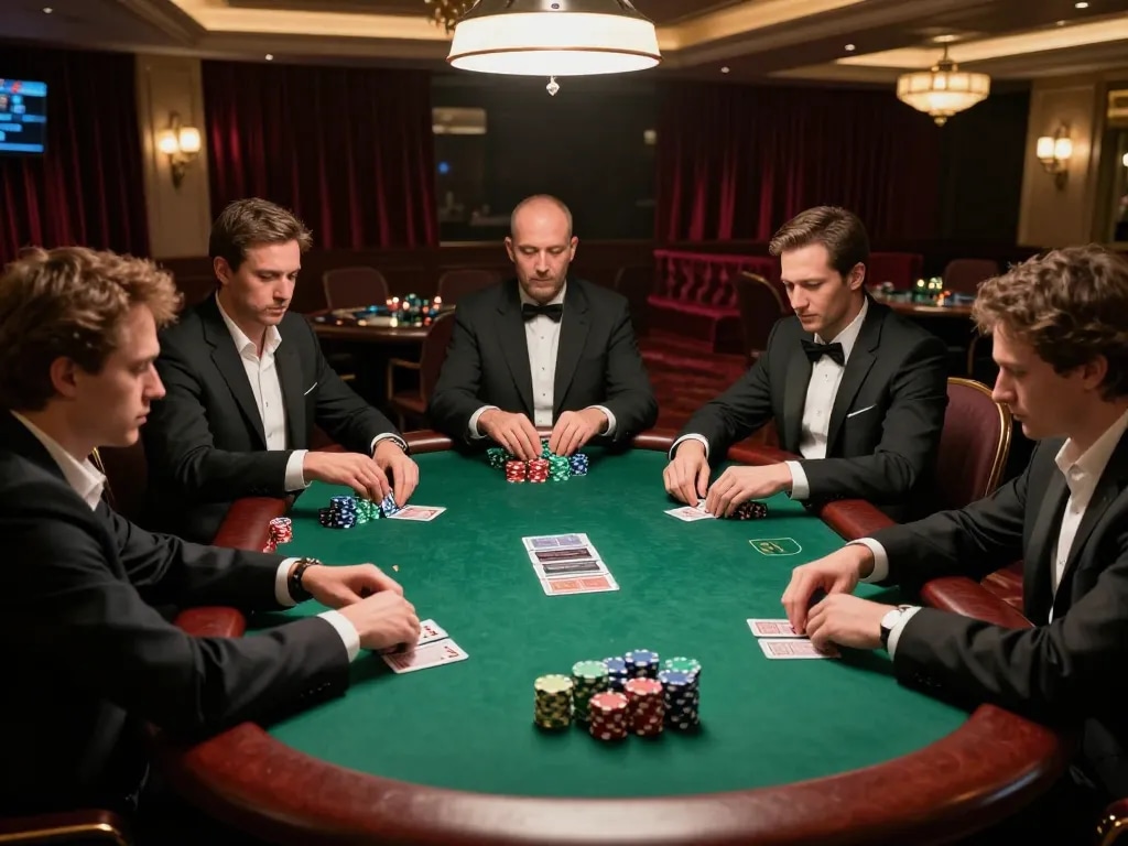 Players strategizing in a high-stakes poker game at 98win casino table.