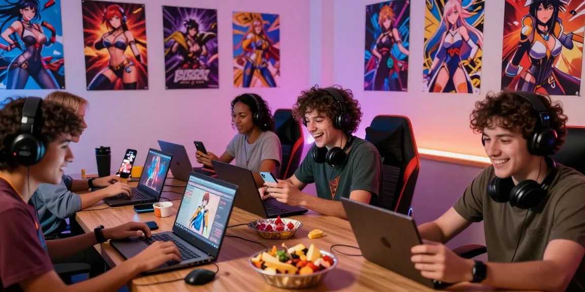 Diverse gamers enjoying a hentai game together, surrounded by vibrant artwork and gaming devices.