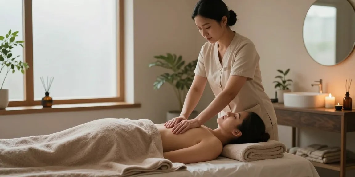 편안한 1인샵 마사지 실내 풍경, 아로마테라피와 함께하는 힐링 장면