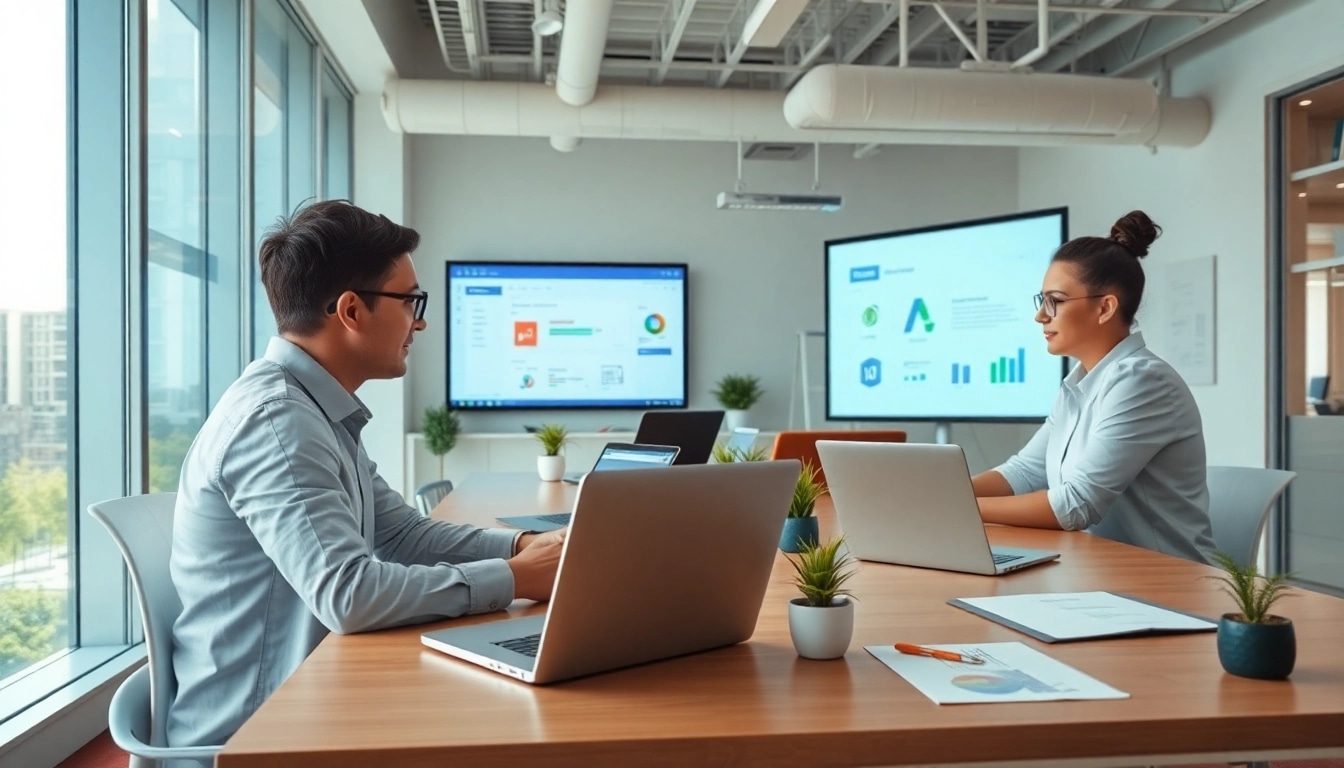 专业人士在现代办公室协同工作,使用多设备的 WPS Office 软件。