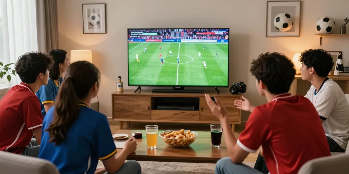 Menonton live streaming bola di ruang tamu dengan teman-teman sambil menikmati ngemil.