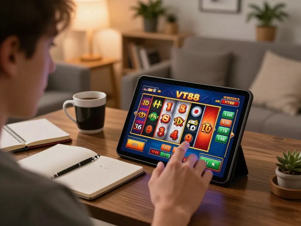 Experience engaging VT88 casino games on a tablet in a cozy home atmosphere.