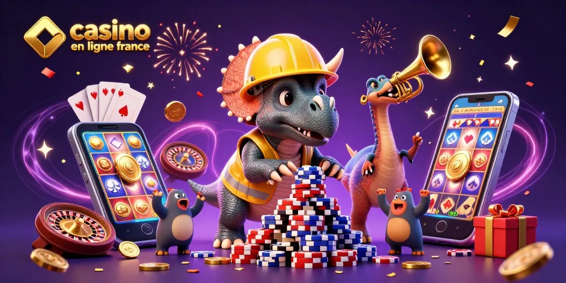 Illustration d'un triceratops en casque de chantier construisant une pyramide de jetons au casino en ligne France.